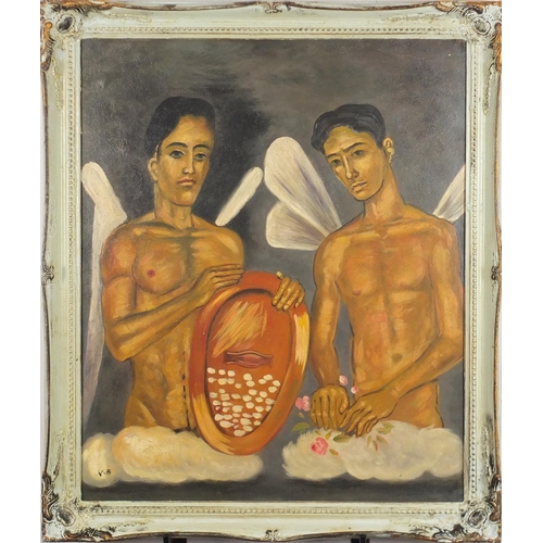 2229 - Two nude males, Modern British oil on board, bearing a monogram VB and inscription verso, framed, 59... 