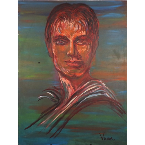 2227 - Andrew Vicari - Head and shoulders portrait, titled Leo, oil on canvas, inscribed verso, unframed, 1... 