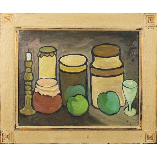 2037 - Still life fruit and pots, Irish school oil on board, bearing a signature Markey, framed, 49.5cm x 3... 