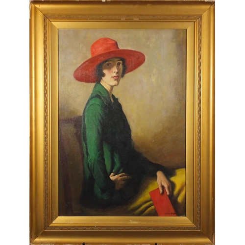 2036 - Portrait of a seated female wearing a wide brimmed hat, oil on board, bearing a signature Laura Knig... 