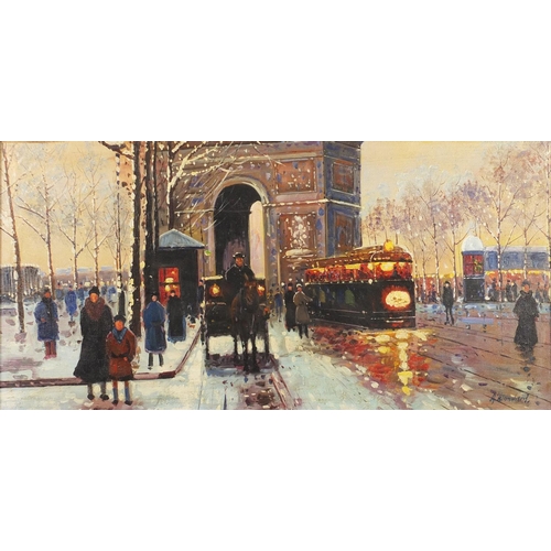 2223 - Manner of Antoine Blanchard - Parisian snowy street scene, oil on board, framed, 59cm x 29cm