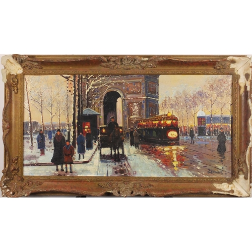 2223 - Manner of Antoine Blanchard - Parisian snowy street scene, oil on board, framed, 59cm x 29cm