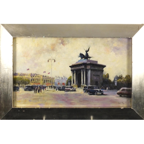 2155 - Street scene, oil on board, bearing a signature Paul Maze, framed, 61.5cm x 36cm