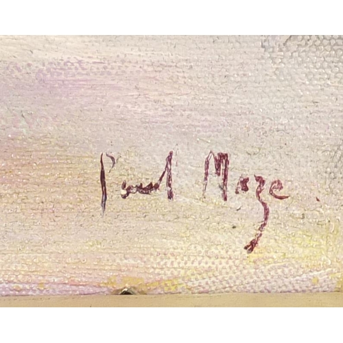 2155 - Street scene, oil on board, bearing a signature Paul Maze, framed, 61.5cm x 36cm