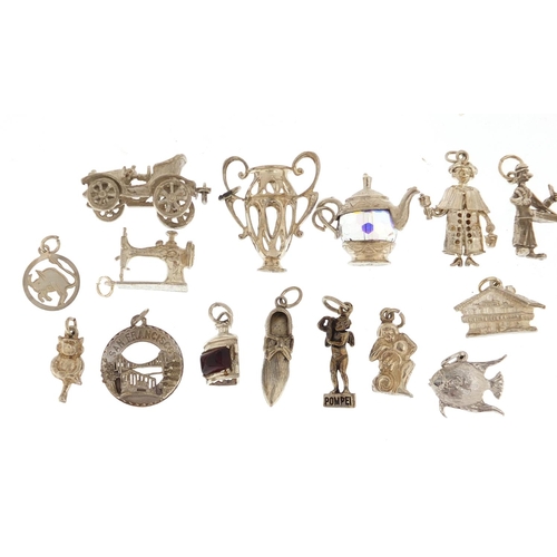 2401 - Twenty silver charms including classic car, crystal teapot vintage telephone and sewing machine, app... 