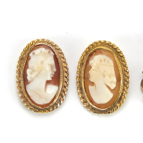 2397 - Pair of 9ct gold cameo maiden head earrings and similar pendant on chain, the earrings 1.5cm in leng... 