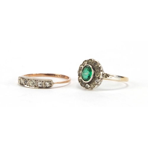 2420 - Two vintage 9ct gold and silver dress rings set with green and clear stones, sizes M and N, approxim... 