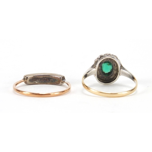 2420 - Two vintage 9ct gold and silver dress rings set with green and clear stones, sizes M and N, approxim... 