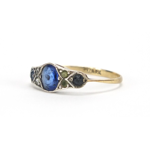 2421 - Art Deco 9ct gold and silver blue and clear stone ring, size O, approximate weight 1.4g