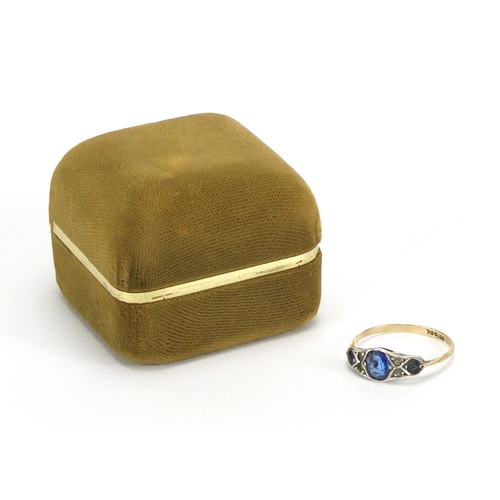2421 - Art Deco 9ct gold and silver blue and clear stone ring, size O, approximate weight 1.4g