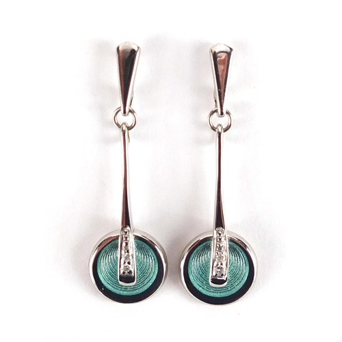 2393 - Pair of silver and enamel drop earrings set with diamonds, by Nicole Barr, 3.6cm in length, approxim... 