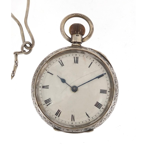 2387 - Ladies silver Waltham open face pocket watch with floral chased decoration and a white metal watch c... 