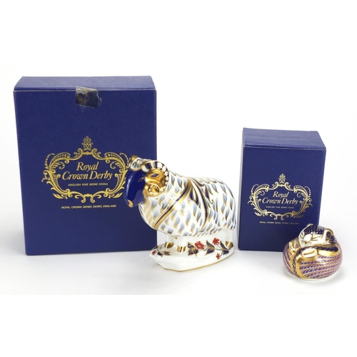 2232 - Royal Crown Derby ram and dormouse paperweights, with stoppers and boxes, the largest 14cm high