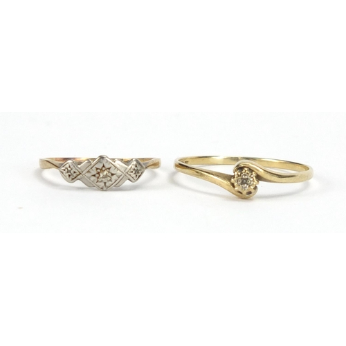 2410 - 9ct gold diamond solitaire ring and an unmarked gold diamond ring, sizes X and P, approximate weight... 