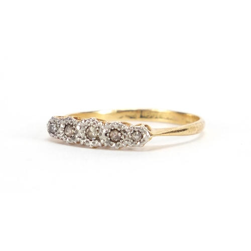2381 - 18ct gold diamond five stone ring, size P, approximate weight 1.8g
