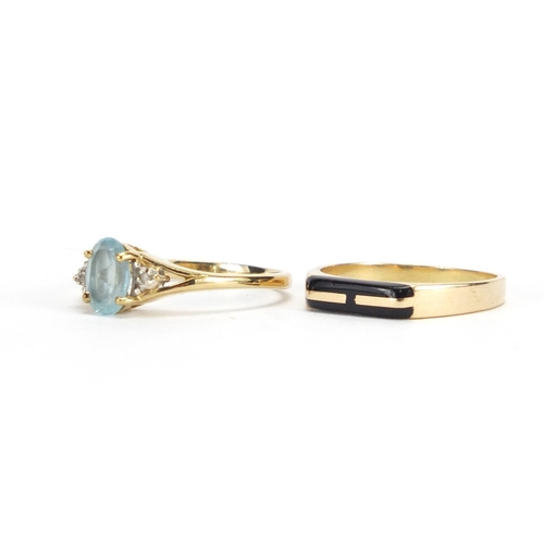 2426 - 9ct gold blue stone and diamond ring and a 9ct gold black enamel ring, sizes L and M,  approximate w... 