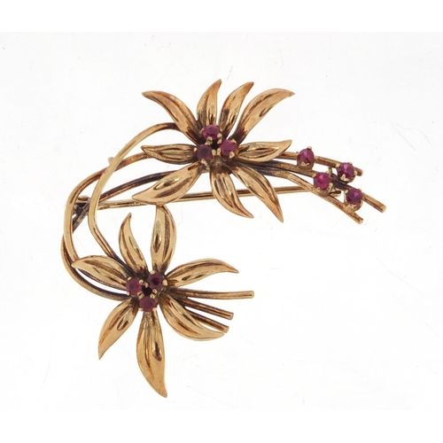 2359 - 9ct gold ruby floral brooch, 3.6cm in length, approximate weight 5.4g