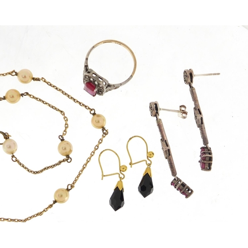 2437 - Jewellery including a silver gilt and simulated pearl necklace, 9ct gold and silver ring and silver ... 