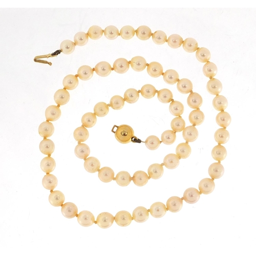 2385 - Single string pearl necklace with 9ct gold clasp, 38cm in length, approximate weight 13.6g
