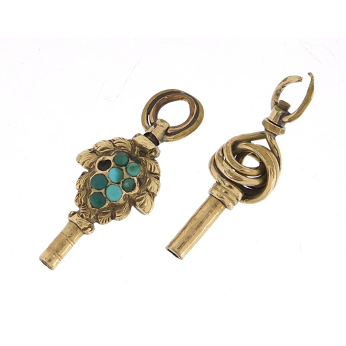 2423 - Two unmarked gold watch key fobs, one set with turquoise, 3cm in length, approximate weight 5.0g