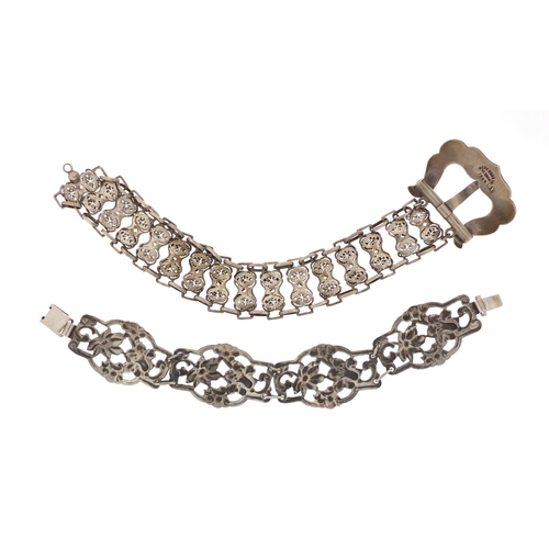 2418 - Silver buckle design bracelet and an Art Nouveau style silver bracelet, approximate weight 36.5g