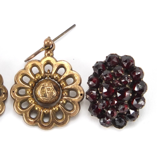2439 - Pairs of Victorian style gilt metal earrings and a pair of garnet cluster earrings