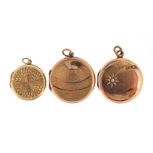 2408 - Three 9ct gold back and front lockets, one set with seed pearls, the largest 2.6cm in diameter, appr... 