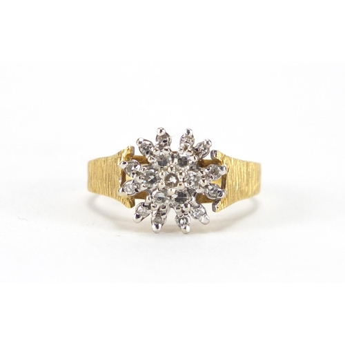 2380 - 18ct gold diamond three tier cluster ring, size N, approximate weight 3.8g