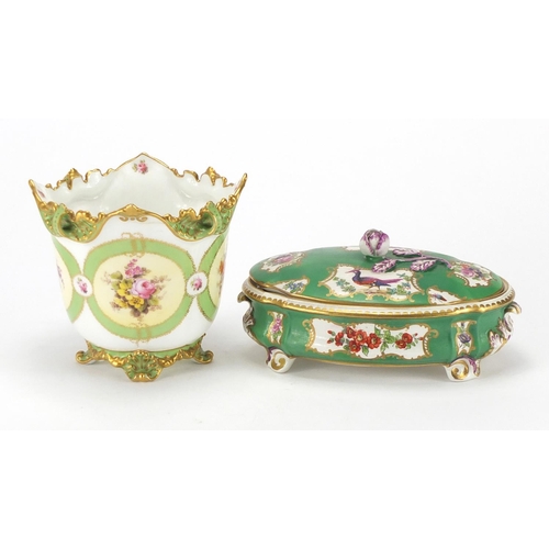 2062 - Royal Crown Derby Cache pot and a Booths trefoil dish and cover, decorated with birds of paradise an... 