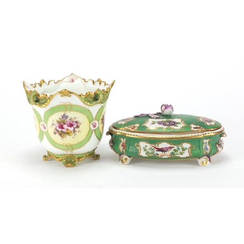 2062 - Royal Crown Derby Cache pot and a Booths trefoil dish and cover, decorated with birds of paradise an... 