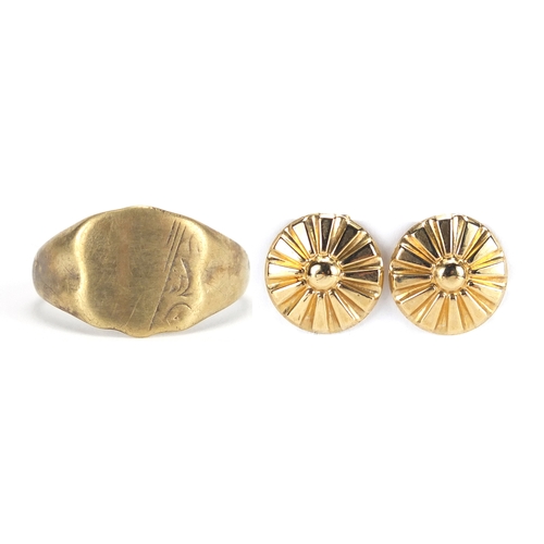 2402 - 9ct gold signet ring and a pair of 9ct gold earrings, approximate weight 4.7g