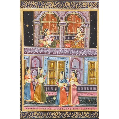 475 - Three Indian Mughal style pictures depicting figures, each mounted and framed, 21.5cm x 14cm