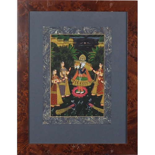 475 - Three Indian Mughal style pictures depicting figures, each mounted and framed, 21.5cm x 14cm