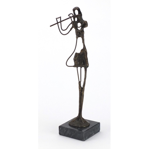 2169 - Modernist patinated bronze musician raised on a square marble base, 34cmh high