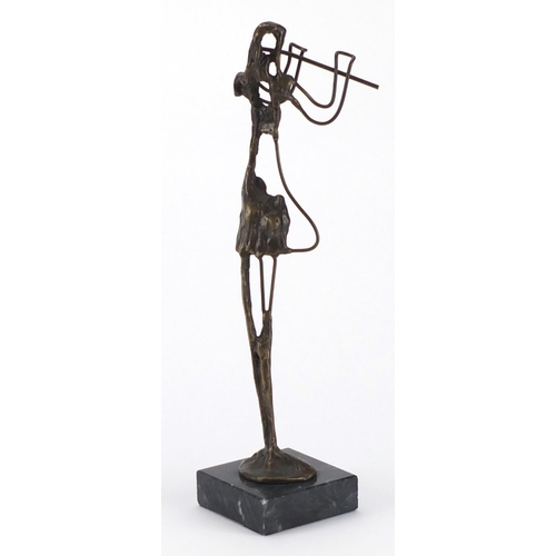 2169 - Modernist patinated bronze musician raised on a square marble base, 34cmh high