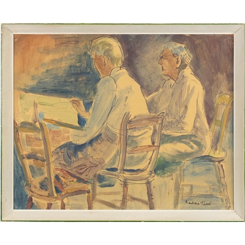 191 - Barbara Read - Two female artists, inscribed verso, framed, 50cm x 40cm