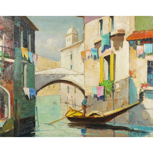402 - After D'Oyly-John - Venetian canal, oil on canvas, inscribed verso, framed, 63cm x 50cm