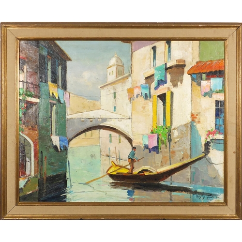 402 - After D'Oyly-John - Venetian canal, oil on canvas, inscribed verso, framed, 63cm x 50cm