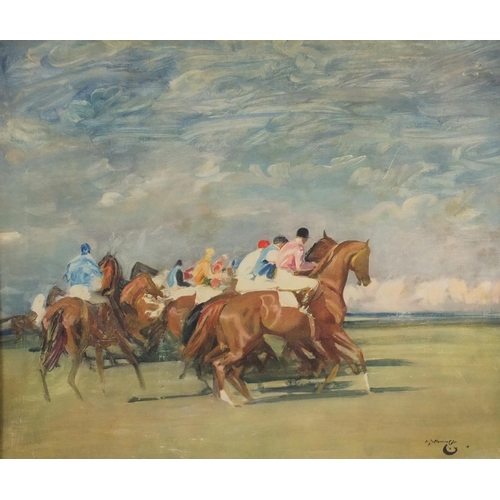 156 - Alfred Munnings - Horse racing print, study for a start, mounted and framed, 57cm x 47cm