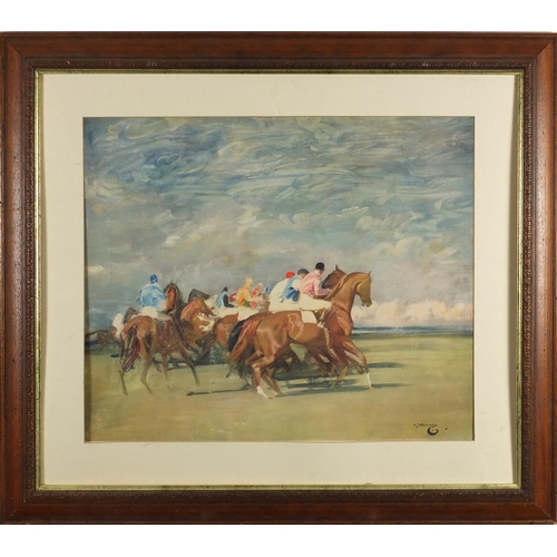 156 - Alfred Munnings - Horse racing print, study for a start, mounted and framed, 57cm x 47cm