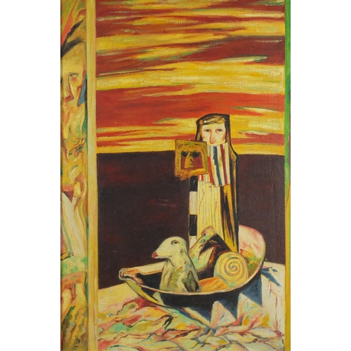 242 - Surreal figures and still life, oil on board, bearing a monogram, framed, 75cm x 50cm