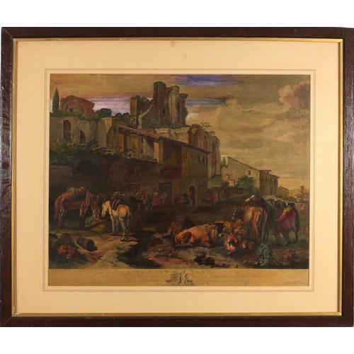 155 - John Boydell - The Farmyard, coloured engraving, mounted and framed, 57cm x 47cm