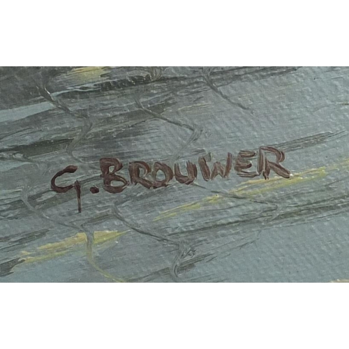 241 - G. Brouwer - Mallards ducks in flight over a lake, oil on canvas, framed, 90cm x 60cm
