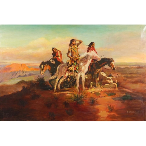 153 - F. Ellen '61 - Indian's on horseback, oil on canvas, framed, 105cm x 69cm