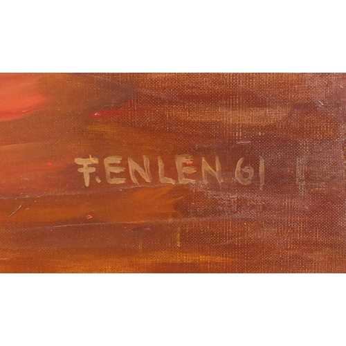 153 - F. Ellen '61 - Indian's on horseback, oil on canvas, framed, 105cm x 69cm