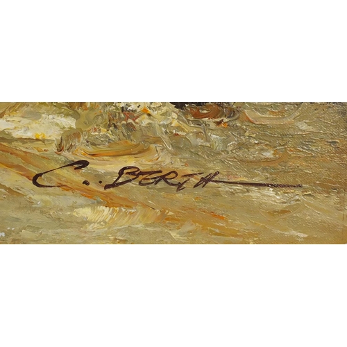 154 - C. Berth - Figures on a street, oil on canvas, unframed, 91cm x 61cm