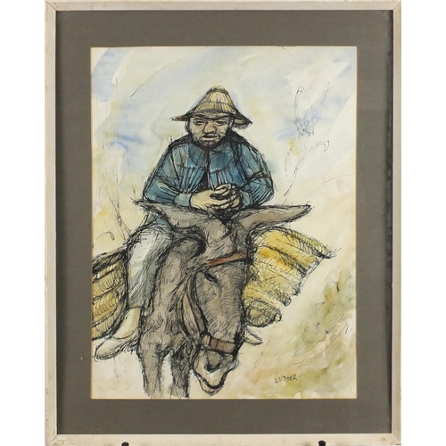 89 - Farmer on a donkey, pen and watercolour, bearing a signature Luther, mounted and framed, 46cm x 35cm