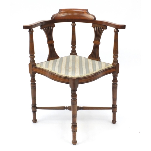 5 - Edwardian inlaid mahogany corner chair with striped upholstery, 73cm high