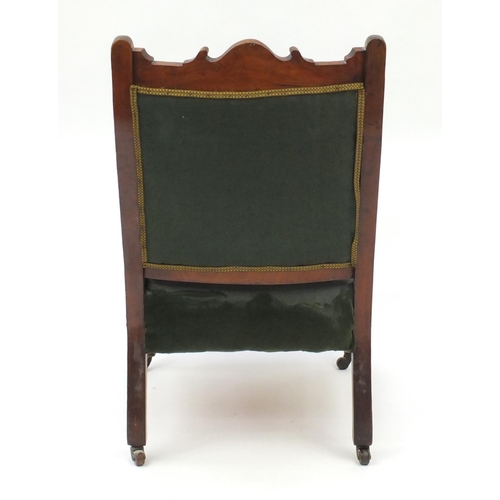 46A - Edwardian carved mahogany bedroom chair, with green upholstery, 90cm high