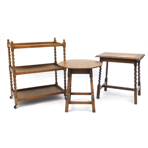 80 - Occasional furniture comprising a three tier tea trolley and two oak occasional tables